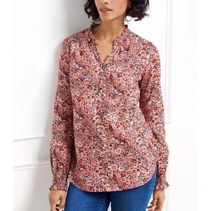 Talbots Floral Print Ruffle Trim Popover Long Sleeve Blouse Medium Cottagecore